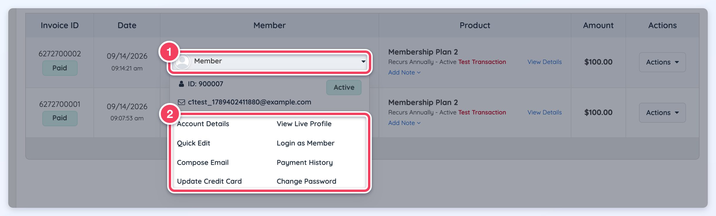 Hovering over a member's name (1) opens a card with the member's ID, status, email and action links such as Account Details and Login as Member (2).