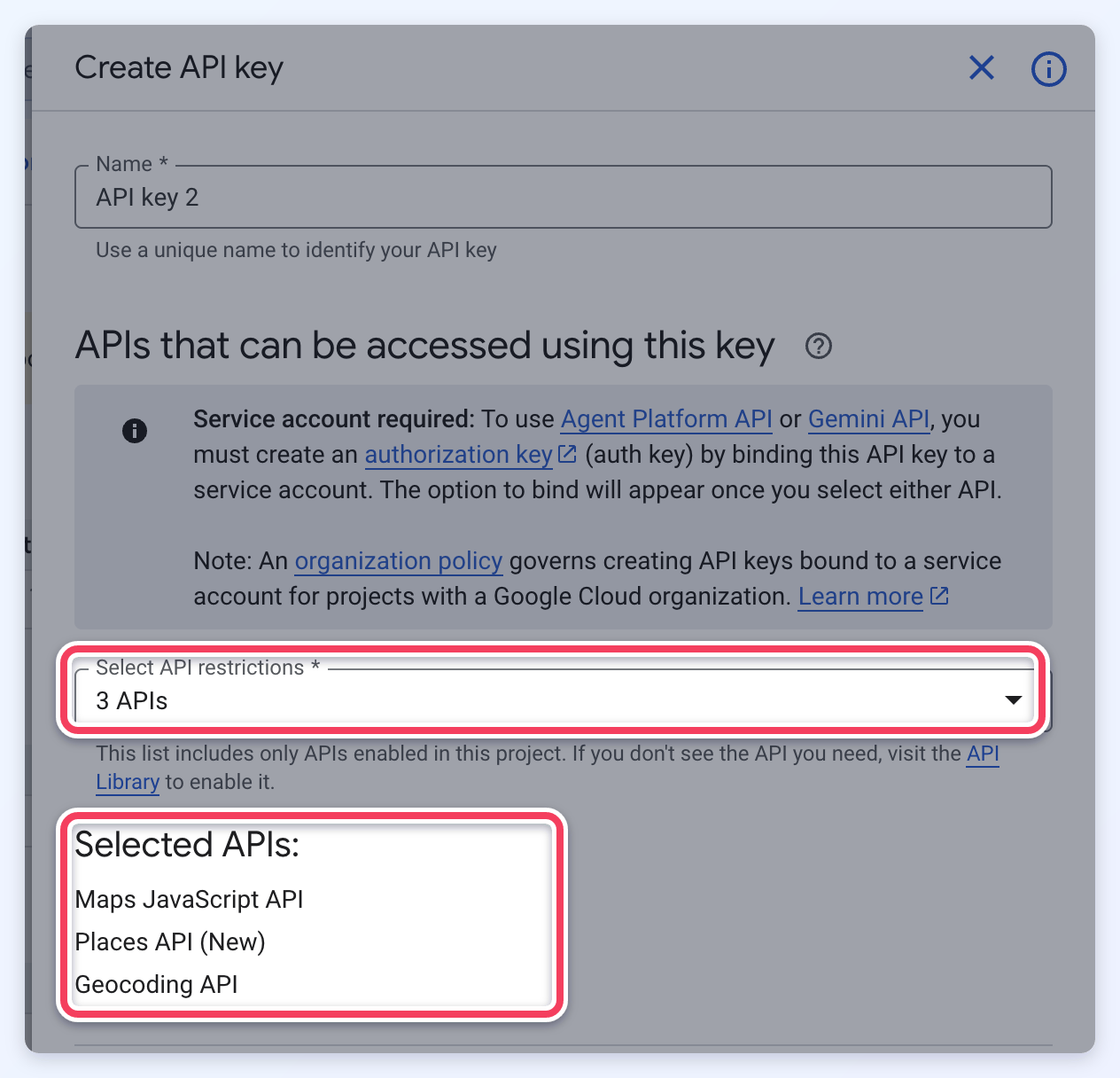 The Create API key panel with Select API restrictions set to 3 APIs and the Selected APIs list showing Maps JavaScript API, Places API (New) and Geocoding API.