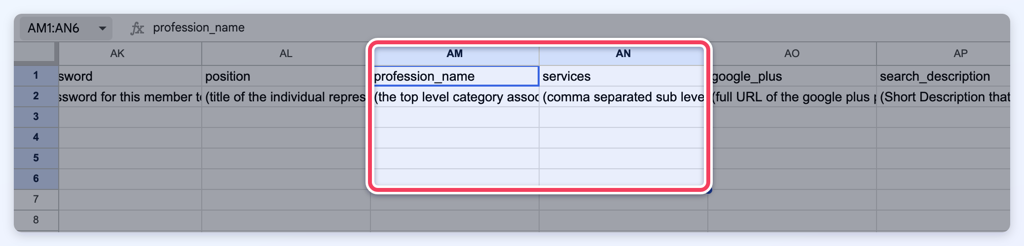 Columns AM and AN of the member import template in Google Sheets, profession_name and services, highlighted.