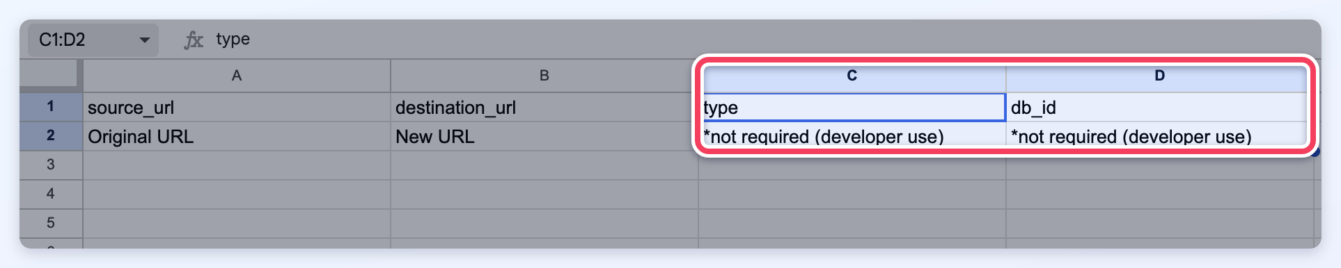 The sample redirect CSV open in Google Sheets with the optional type and db_id columns highlighted, both marked not required (developer use).