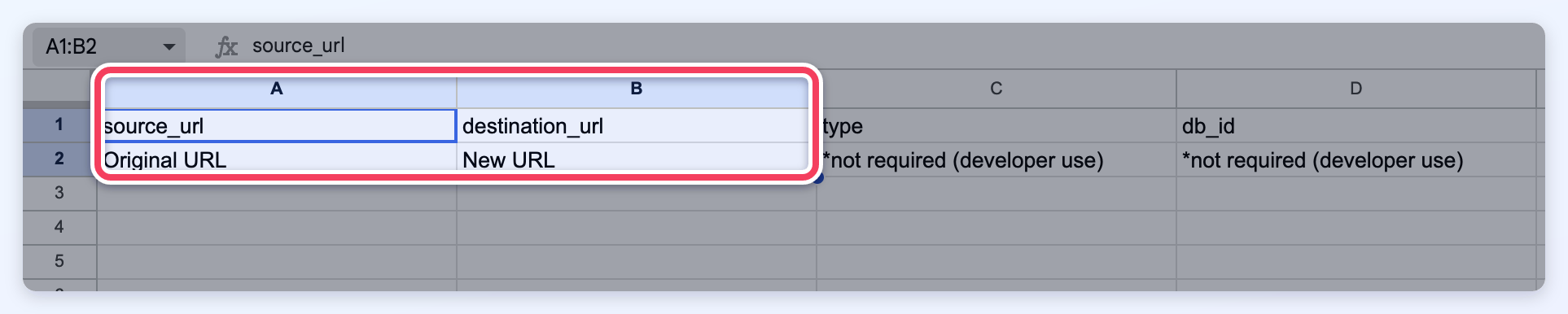 The sample redirect CSV open in Google Sheets with the required source_url and destination_url columns highlighted.