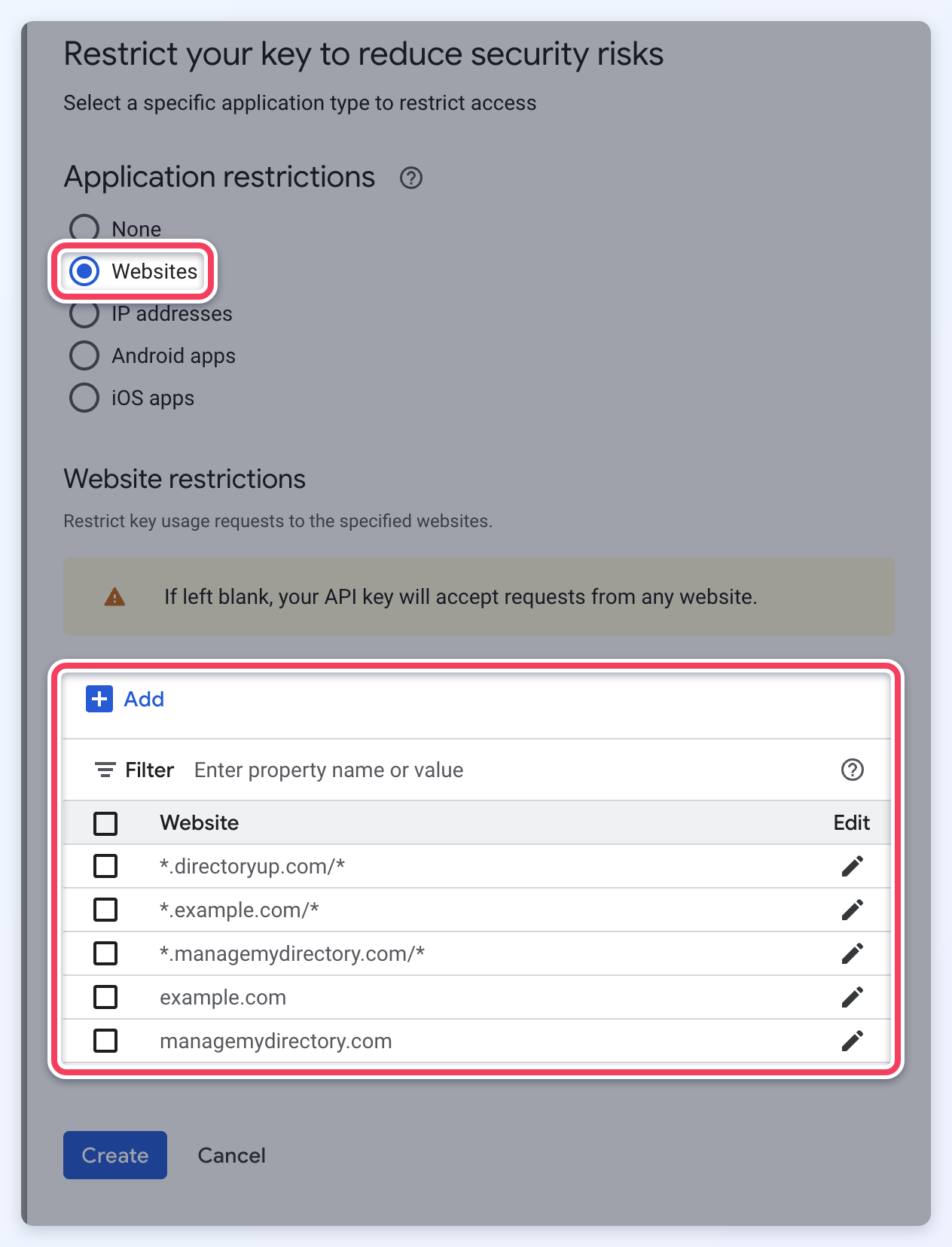 Application restrictions set to Websites, with the Add button and the five website referrers listed under Website restrictions.