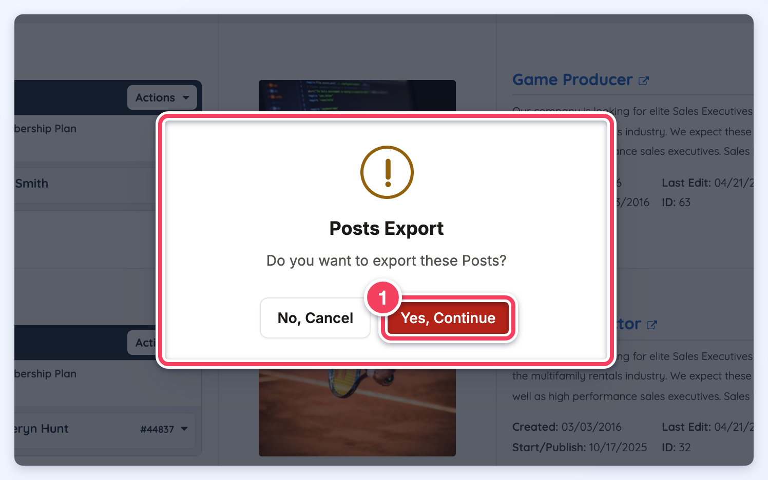 The Posts Export confirmation asking Do you want to export these Posts?, with Yes, Continue (1).