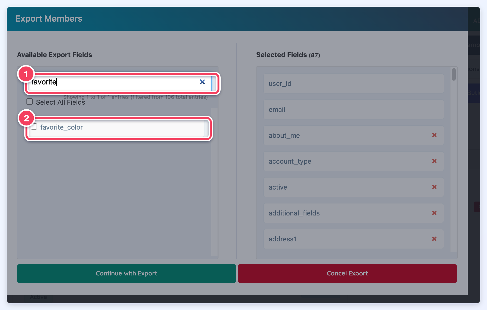 The Export Members window with favorite_color typed in the field search (1) and the matching custom field favorite_color listed (2).