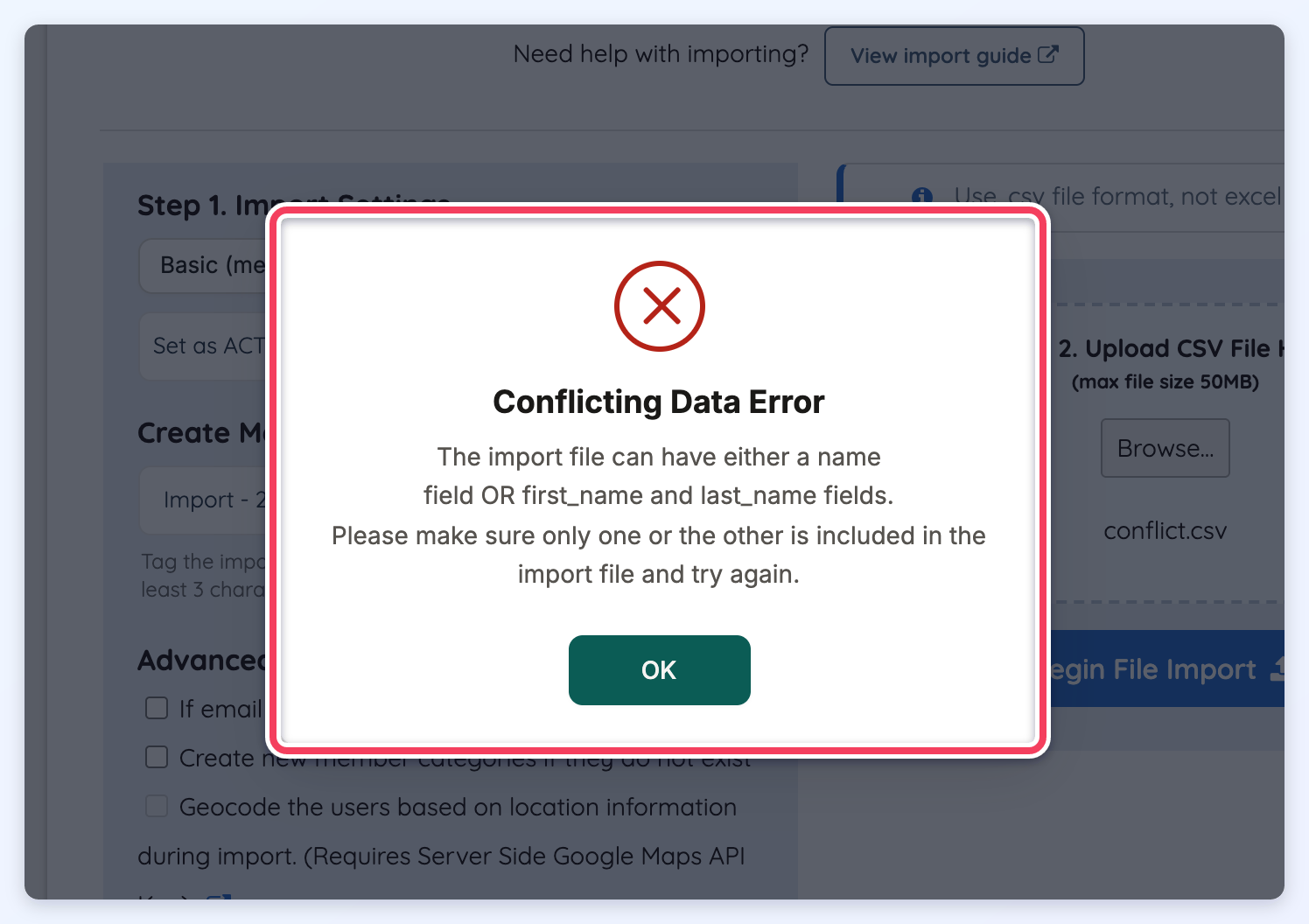 The Conflicting Data Error pop-up shown when an import file has both a name column and first_name/last_name columns.