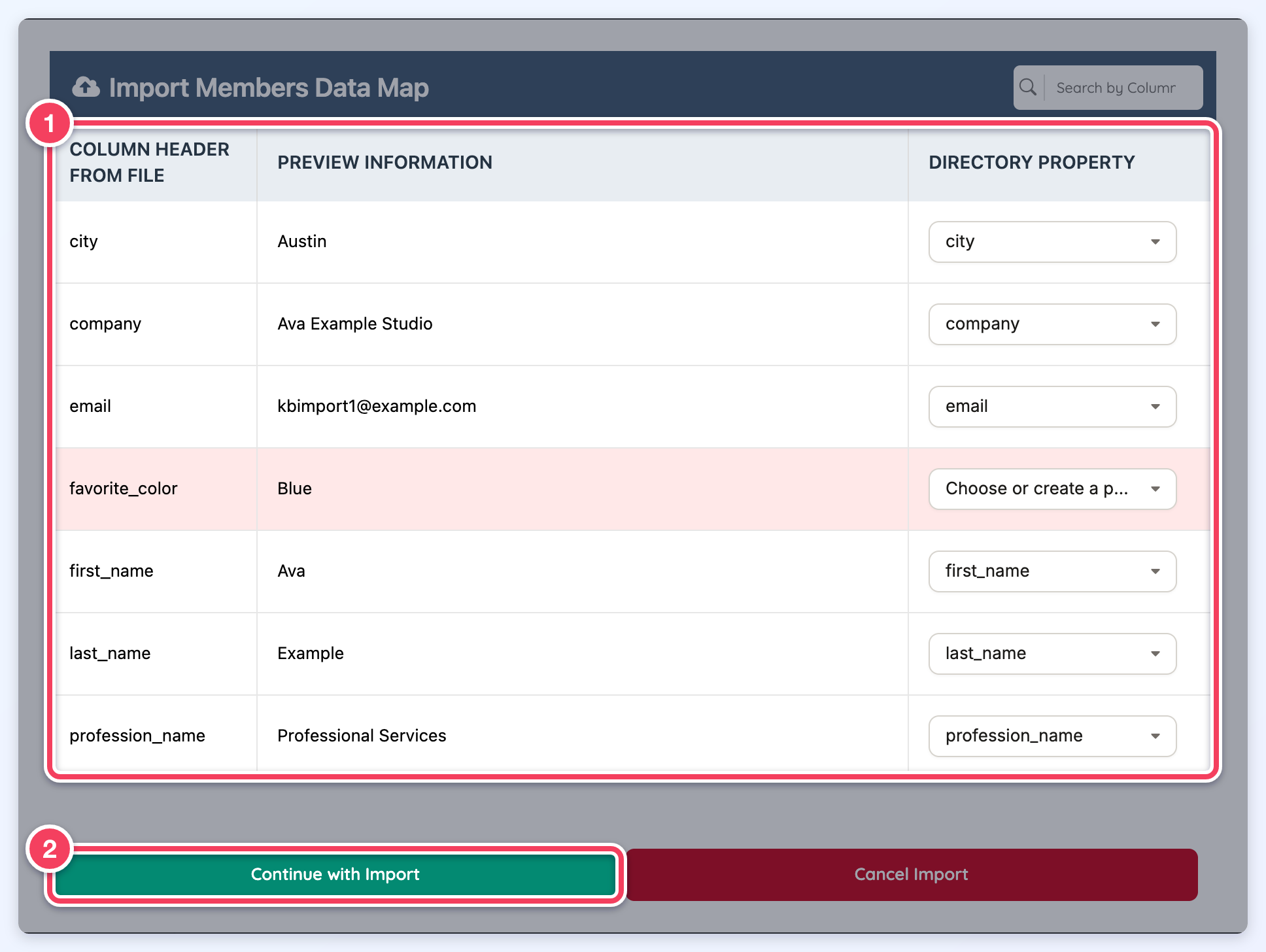 The Import Members Data Map listing each column from the file, its preview value and directory property (1), with the Continue with Import button (2).