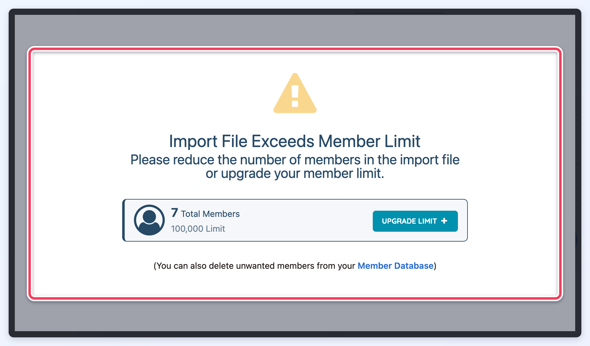 The Import File Exceeds Member Limit message with the site's total members, member limit and Upgrade Limit button.