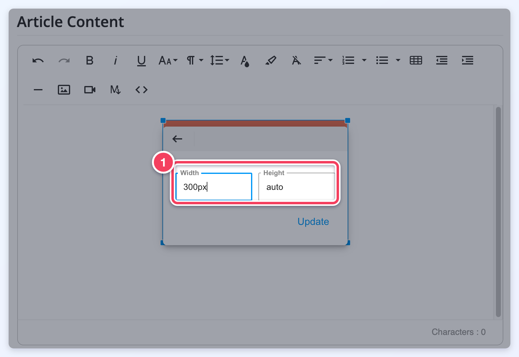 The member Article Content editor with an inserted image and its size popup showing Width 300px and Height auto (1).