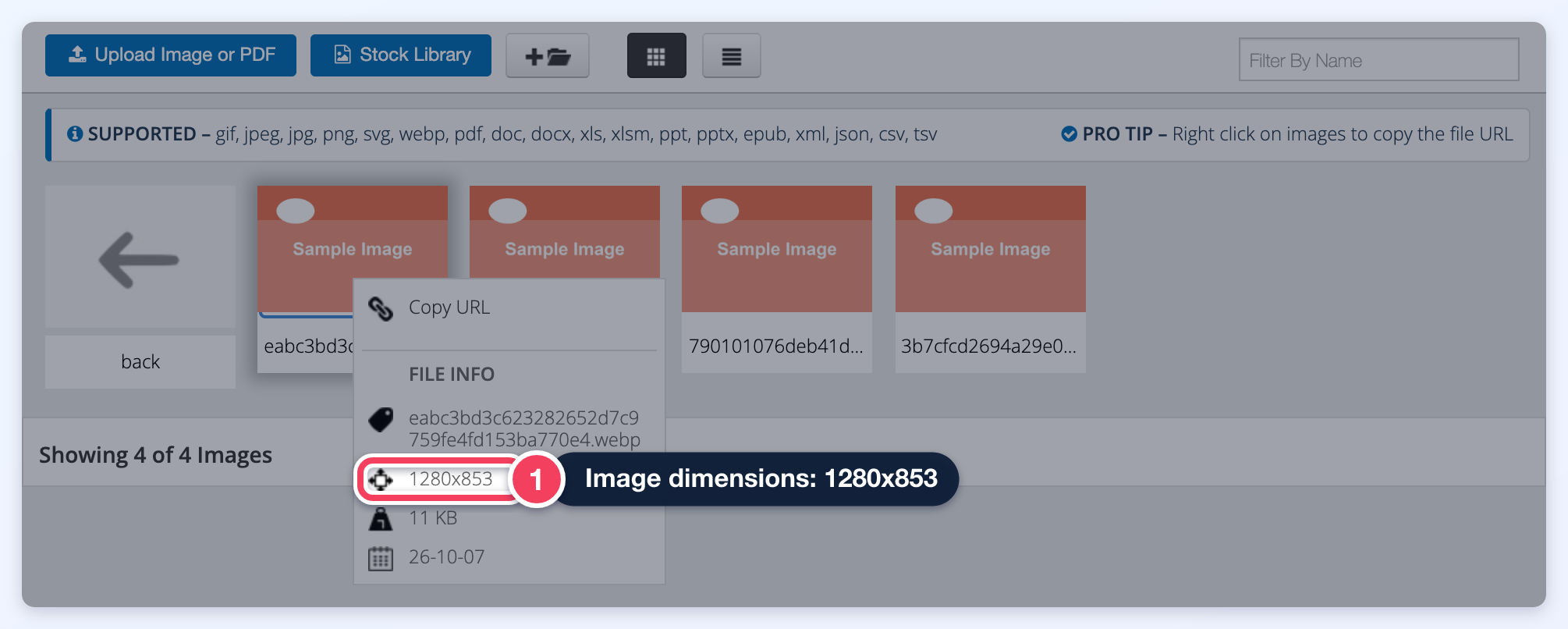 Media Manager with a right-click menu open on a test image; FILE INFO shows its size, 1280x853 (1).