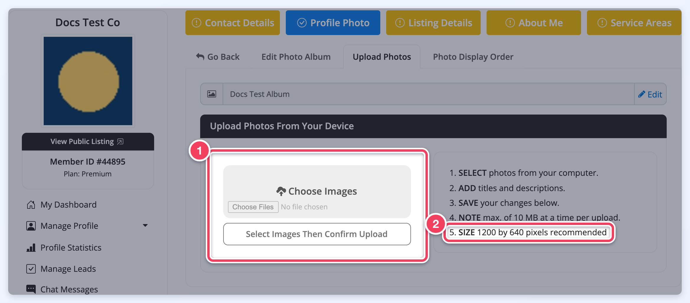 Photo album Upload Photos tab with the Choose Images upload area (1) and the instruction SIZE 1200 by 640 pixels recommended (2).
