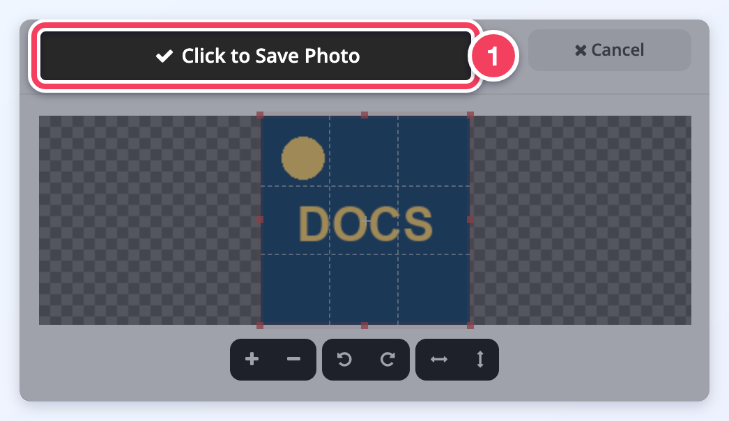 The logo cropping window with a test logo and the Click to Save Photo button marked (1).