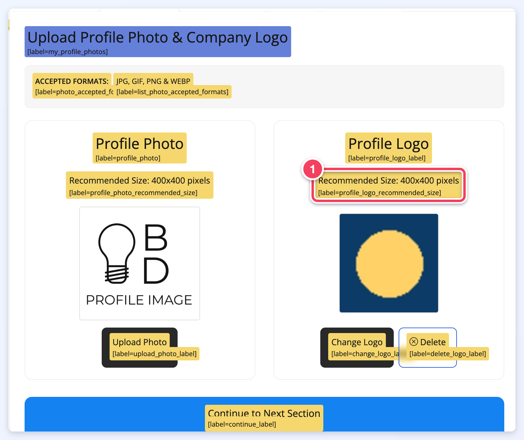 The Profile Photo tab with Show Text Labels on: every text is highlighted with its label name, and profile_logo_recommended_size is marked (1).