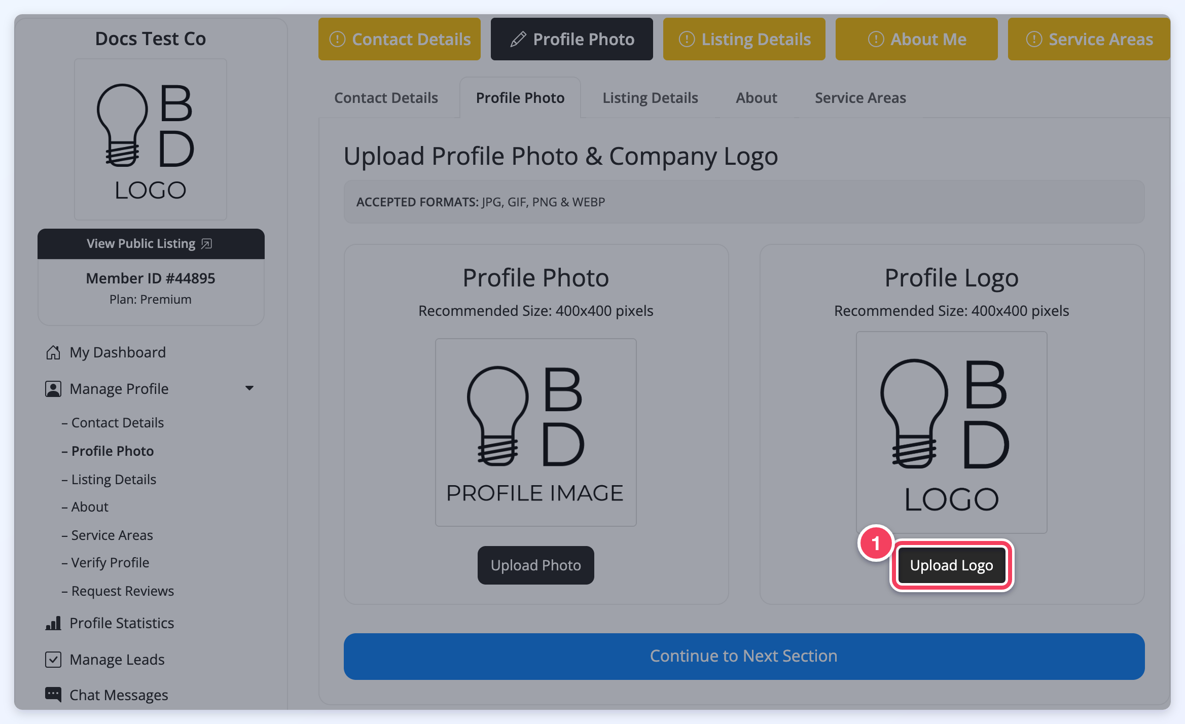 Member dashboard Profile Photo tab with the Upload Logo button under Profile Logo marked (1).