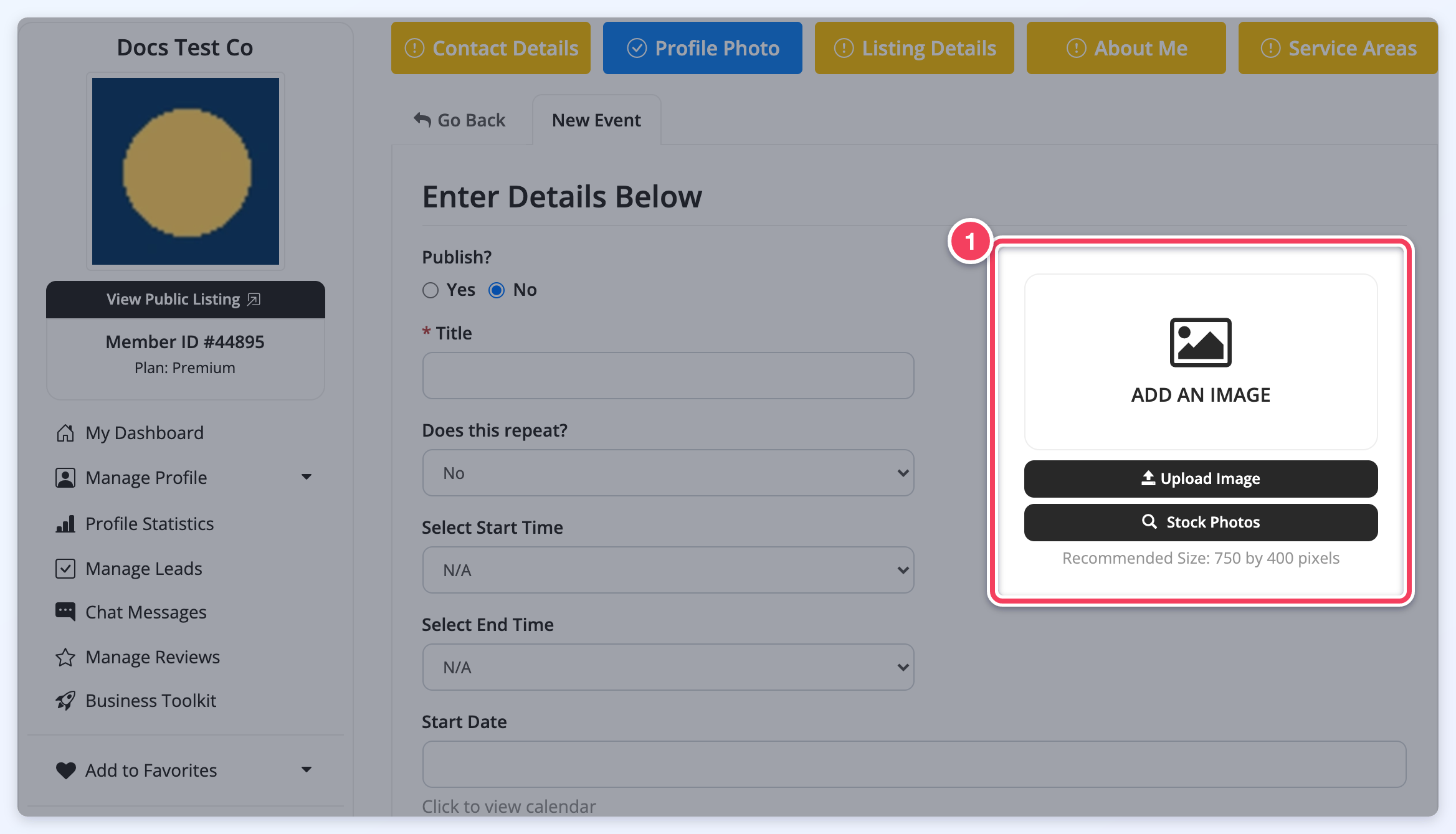 Member dashboard New Event form with the image field marked (1): Add An Image, Upload Image, Stock Photos and Recommended Size: 750 by 400 pixels.