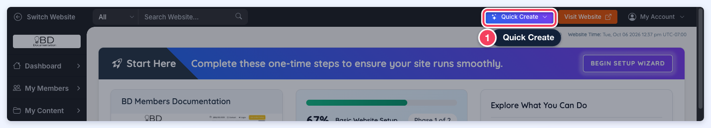 The Quick Create button in the admin header