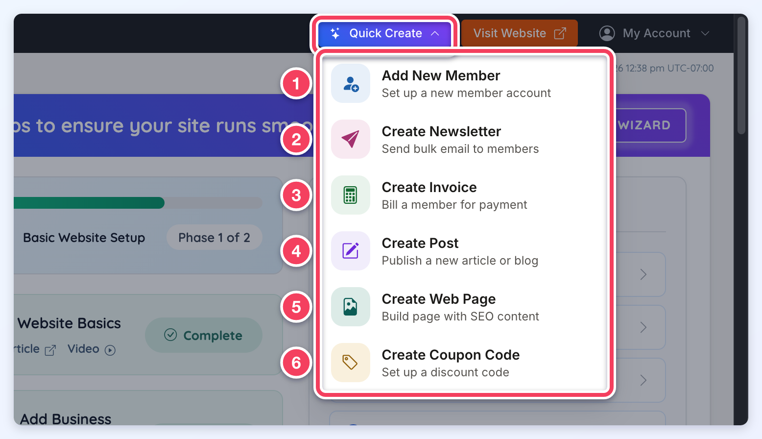 The Quick Create menu open, with its six options numbered 1 to 6