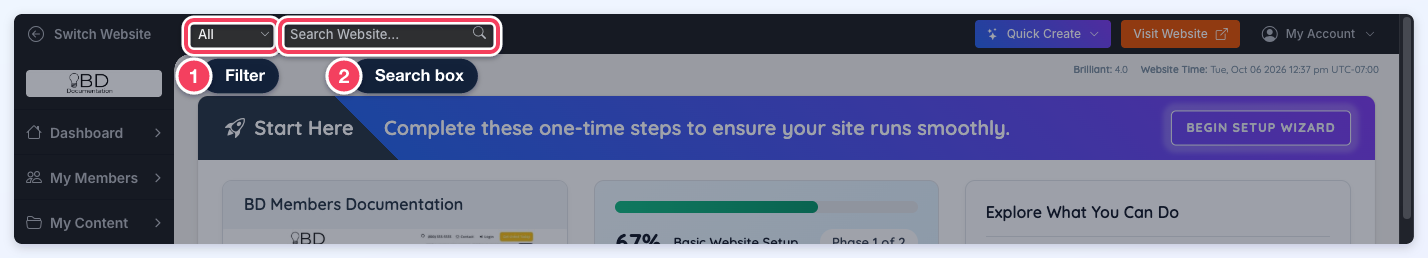 The Universal Search filter menu and Search Website box in the admin header