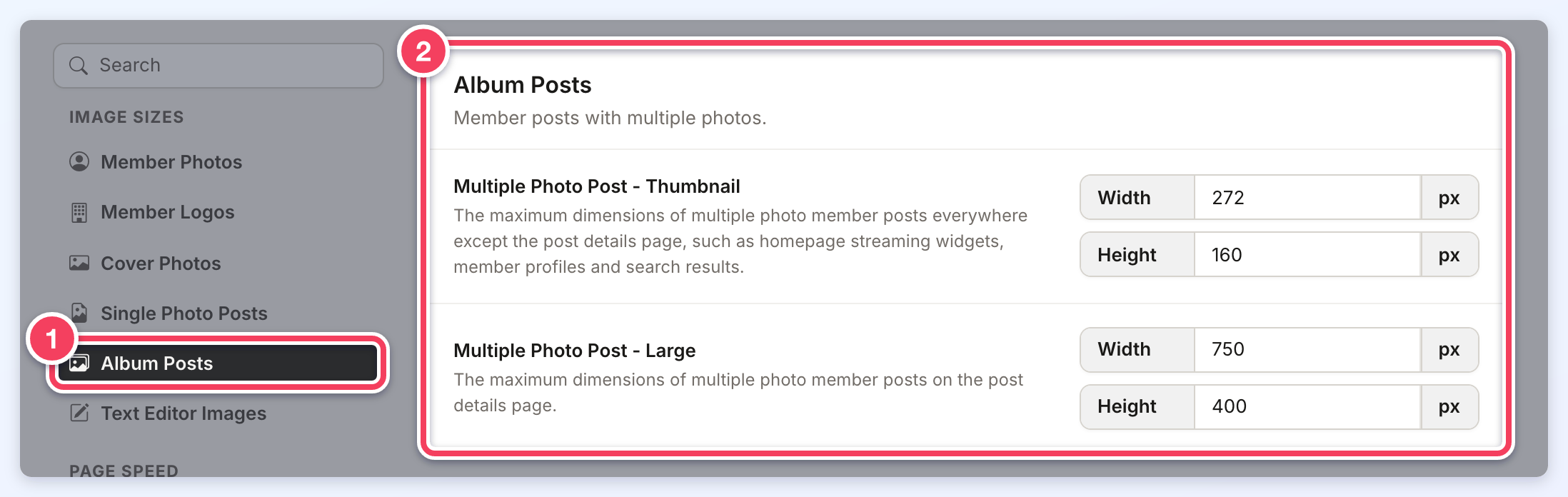 Image Settings with Album Posts selected in the side menu (1) and its thumbnail and large size settings shown (2).