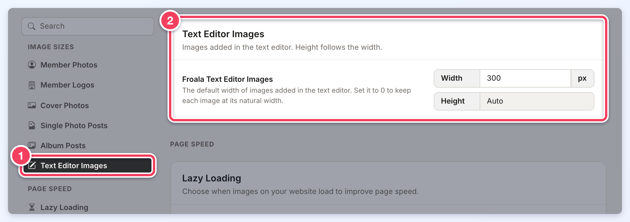 Image Settings with Text Editor Images selected (1) and the Froala width of 300 px and Auto height highlighted (2).