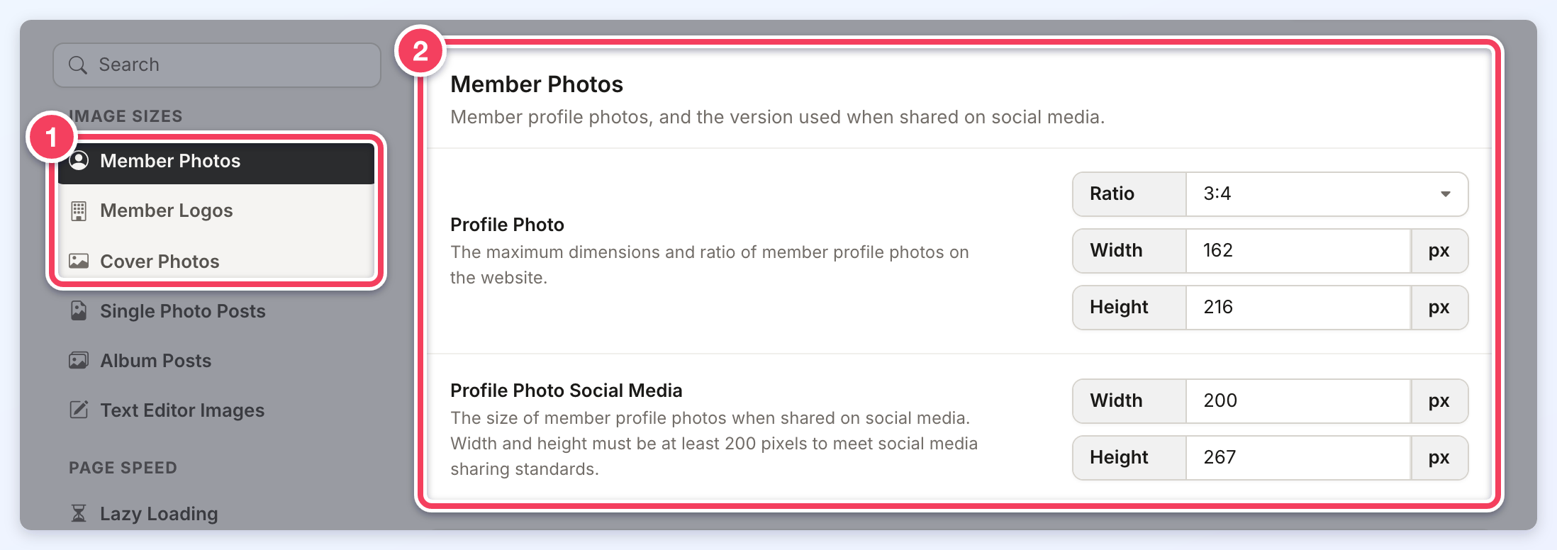 Image Settings Member Photos section (2) opened from the Member Photos, Member Logos and Cover Photos side menu entries (1).