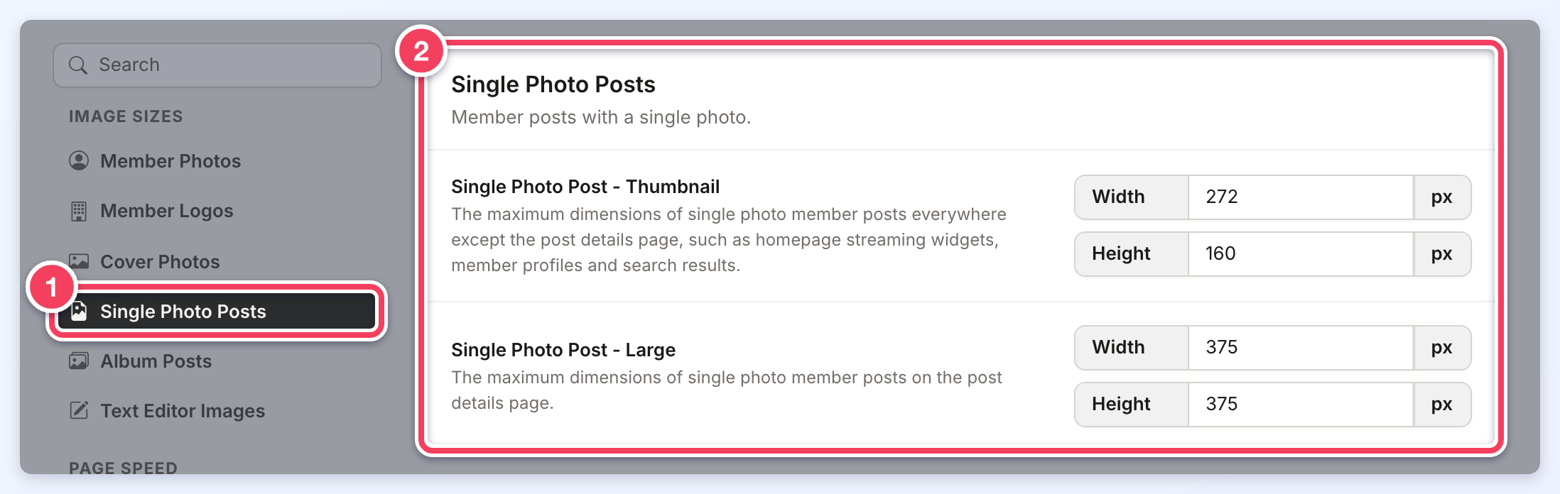 Image Settings with Single Photo Posts selected in the side menu (1) and its thumbnail and large size settings shown (2).