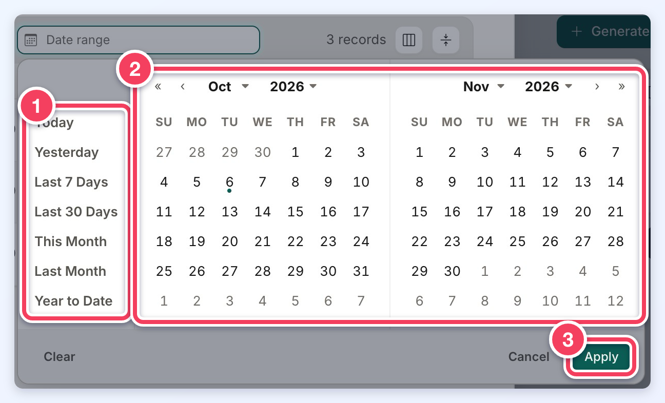 Date range calendar with quick ranges such as Today and Last 7 Days (1), two month calendars (2) and the Apply button (3).