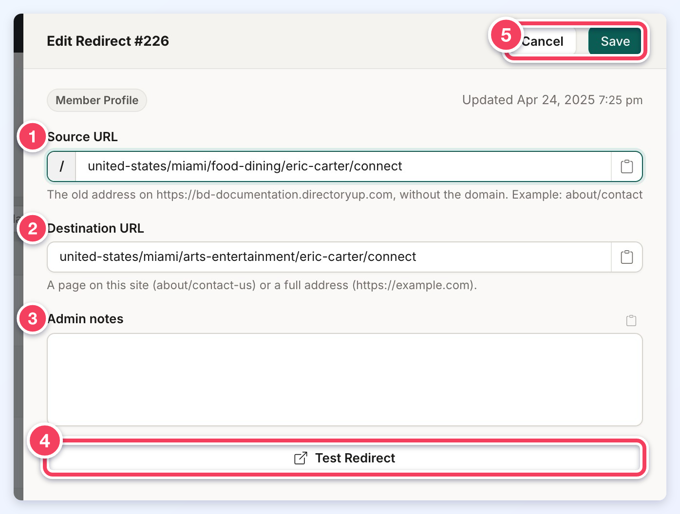 Edit Redirect drawer with the Source URL (1), Destination URL (2), Admin notes (3), Test Redirect button (4) and Cancel and Save (5).