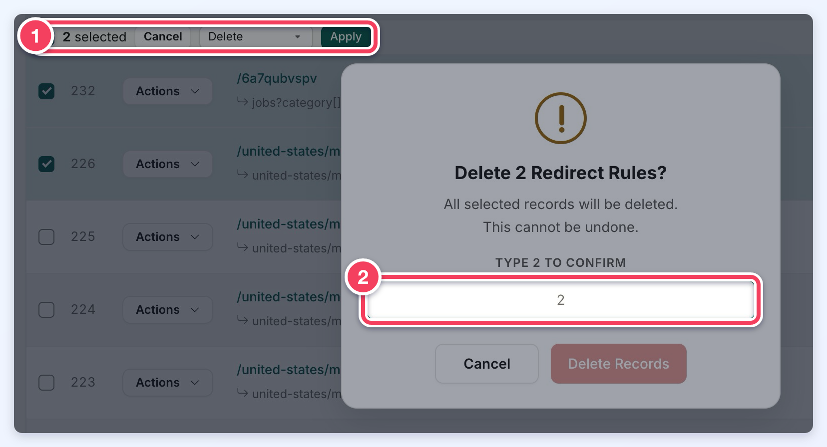 Bulk action bar with two redirects selected and Delete chosen (1), and the confirmation asking to type 2 to confirm (2).