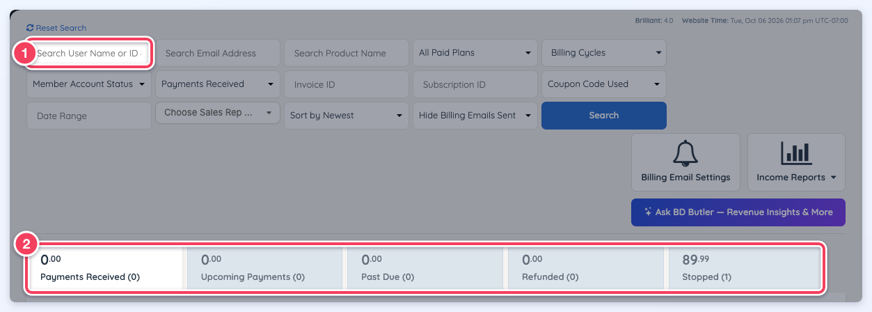 Transaction History search field and the five invoice tabs