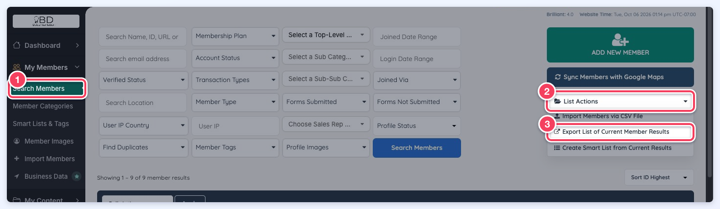 Search Members page with List Actions open and Export List of Current Member Results marked