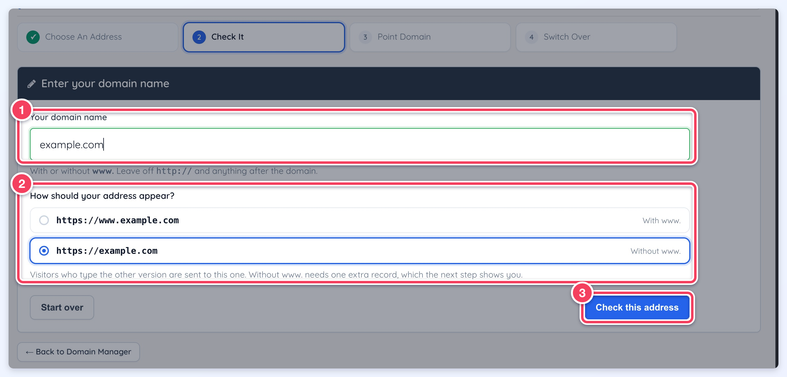 Check It stage with example.com typed (1), the How should your address appear? choice set to Without www. (2) and Check this address (3).