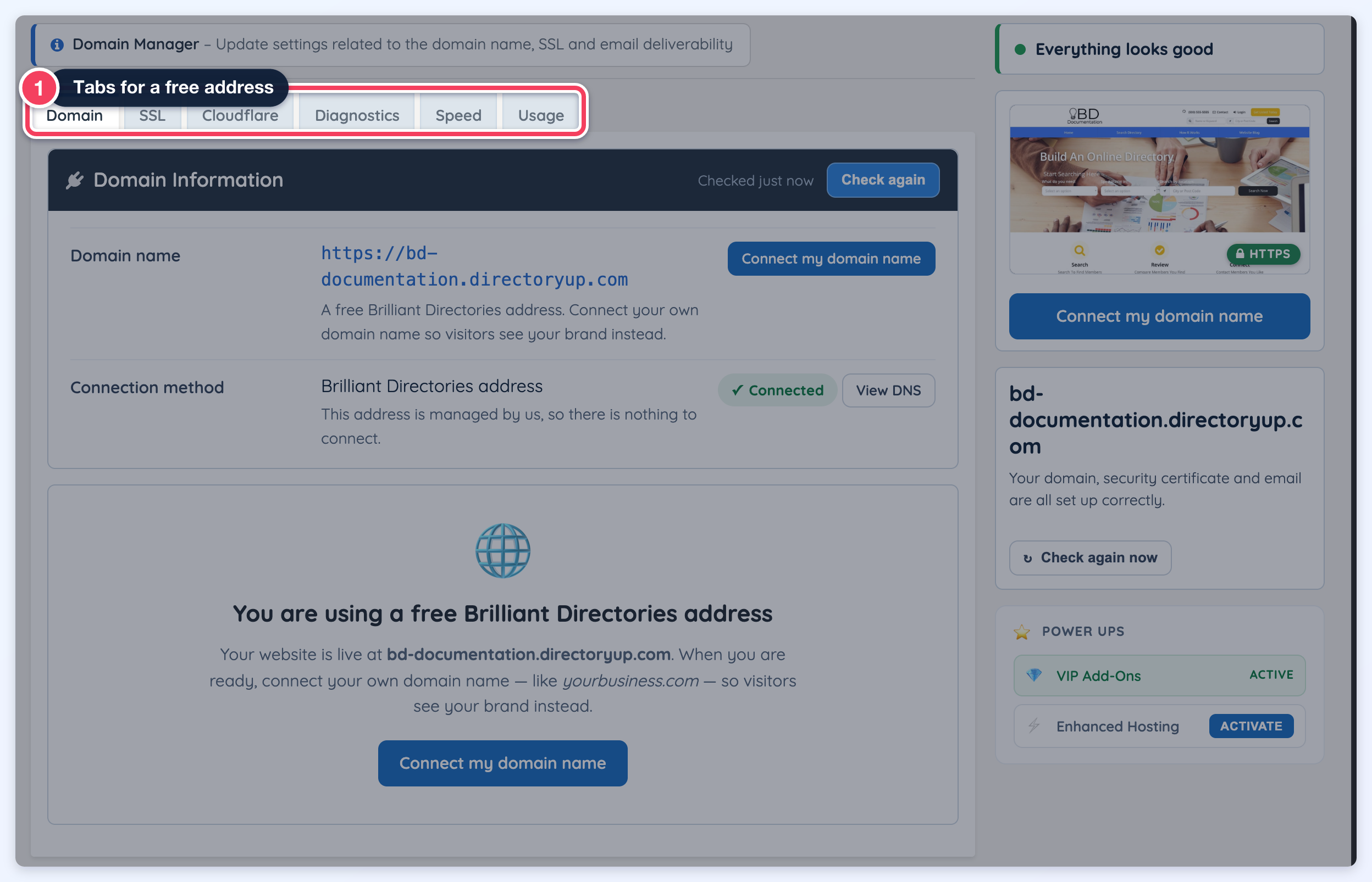 Domain Manager on a free directoryup.com address with its tab row marked (1): Domain, SSL, Cloudflare, Diagnostics, Speed and Usage.