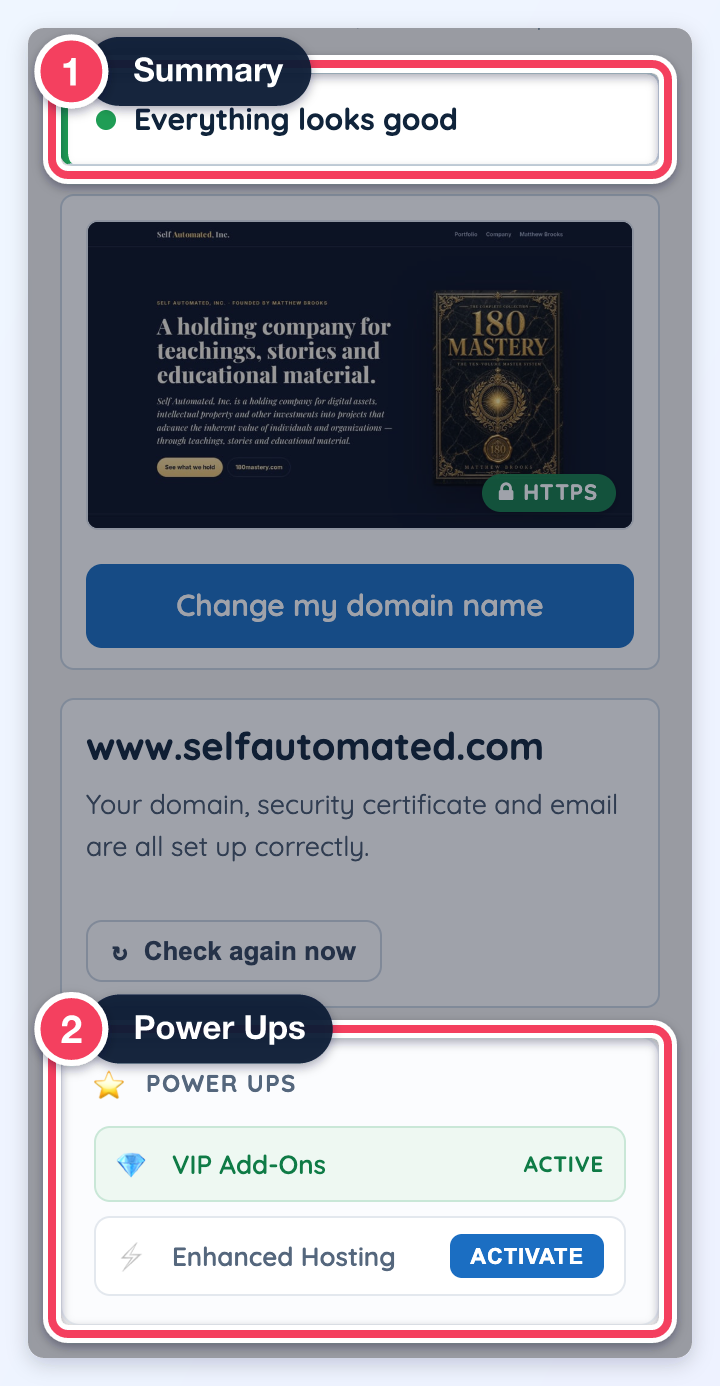 Domain Manager side panel with the Everything looks good summary (1) and the Power Ups panel (2) showing VIP Add-Ons active and Enhanced Hosting with Activate.