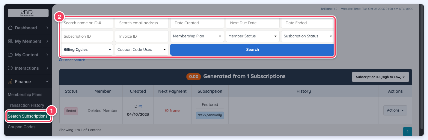 Search Subscriptions selected in the Finance menu (1) and the subscription search filters (2).