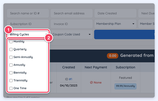 Billing Cycles filter (1) open on Search Subscriptions, with a checkbox for each billing cycle (2).