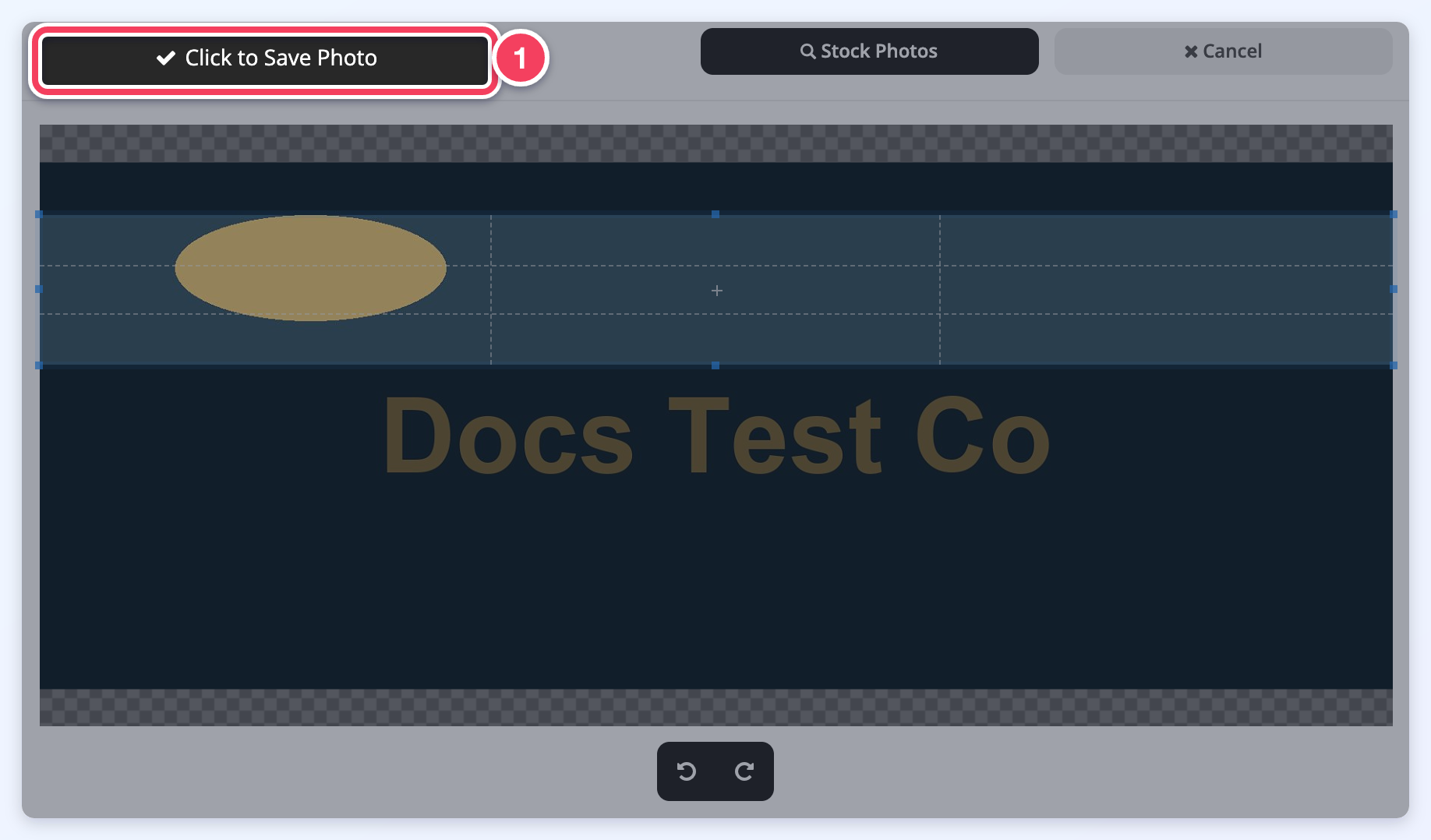The cover photo cropping window with a wide crop box over a test cover image and Click to Save Photo marked (1).