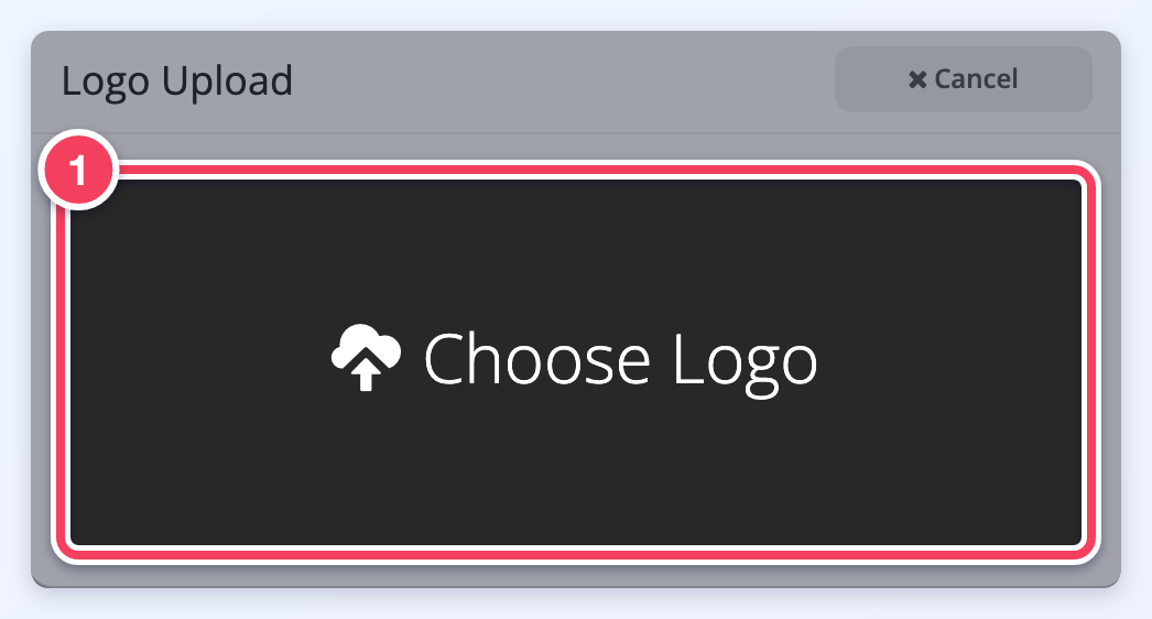 The Logo Upload window with the Choose Logo button marked (1).