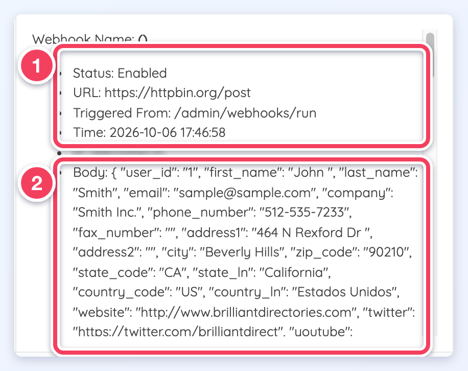 The Activity Tracker description of a webhook entry: status, link, trigger and time (1) and the Body with the data sent (2); the IP line is blurred.