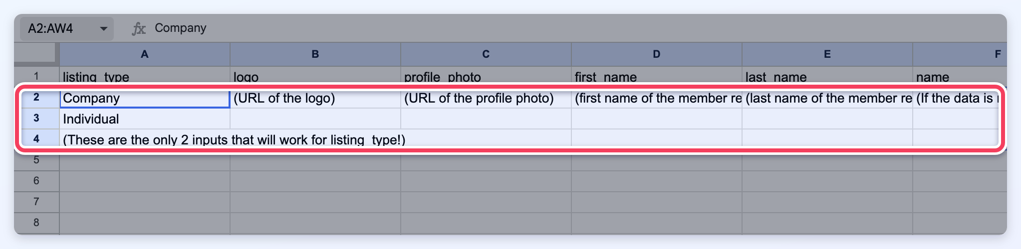 The member import template in Google Sheets with rows 2 to 4, the explanation rows to delete before importing, highlighted.