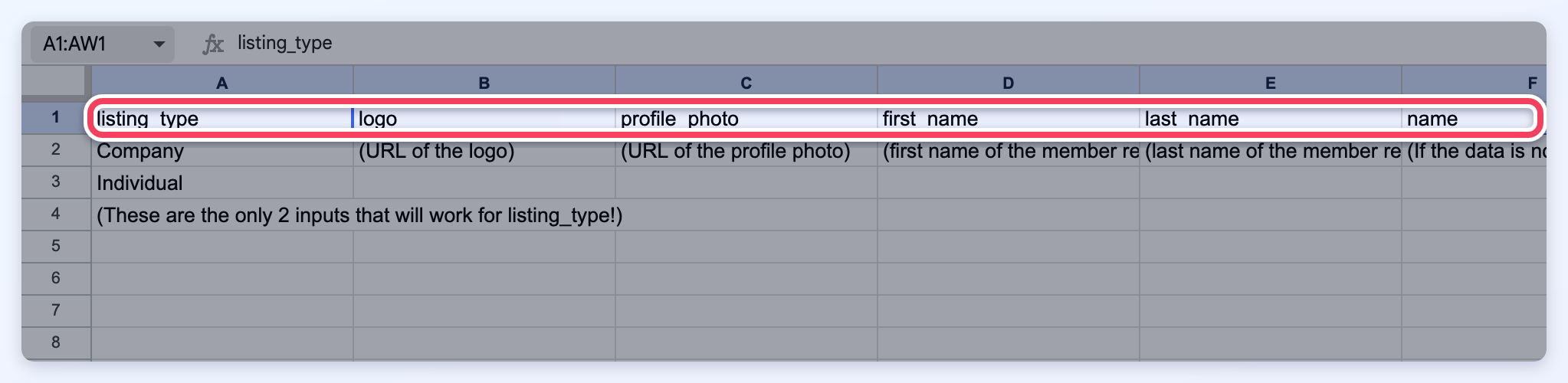 The ALL fields member import template open in Google Sheets with row 1, the column headers, highlighted.
