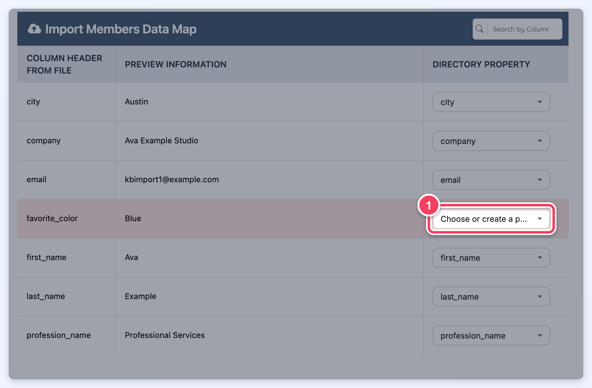 The Import Members Data Map with an unmatched favorite_color column whose Directory Property dropdown shows Choose or create a property (1).