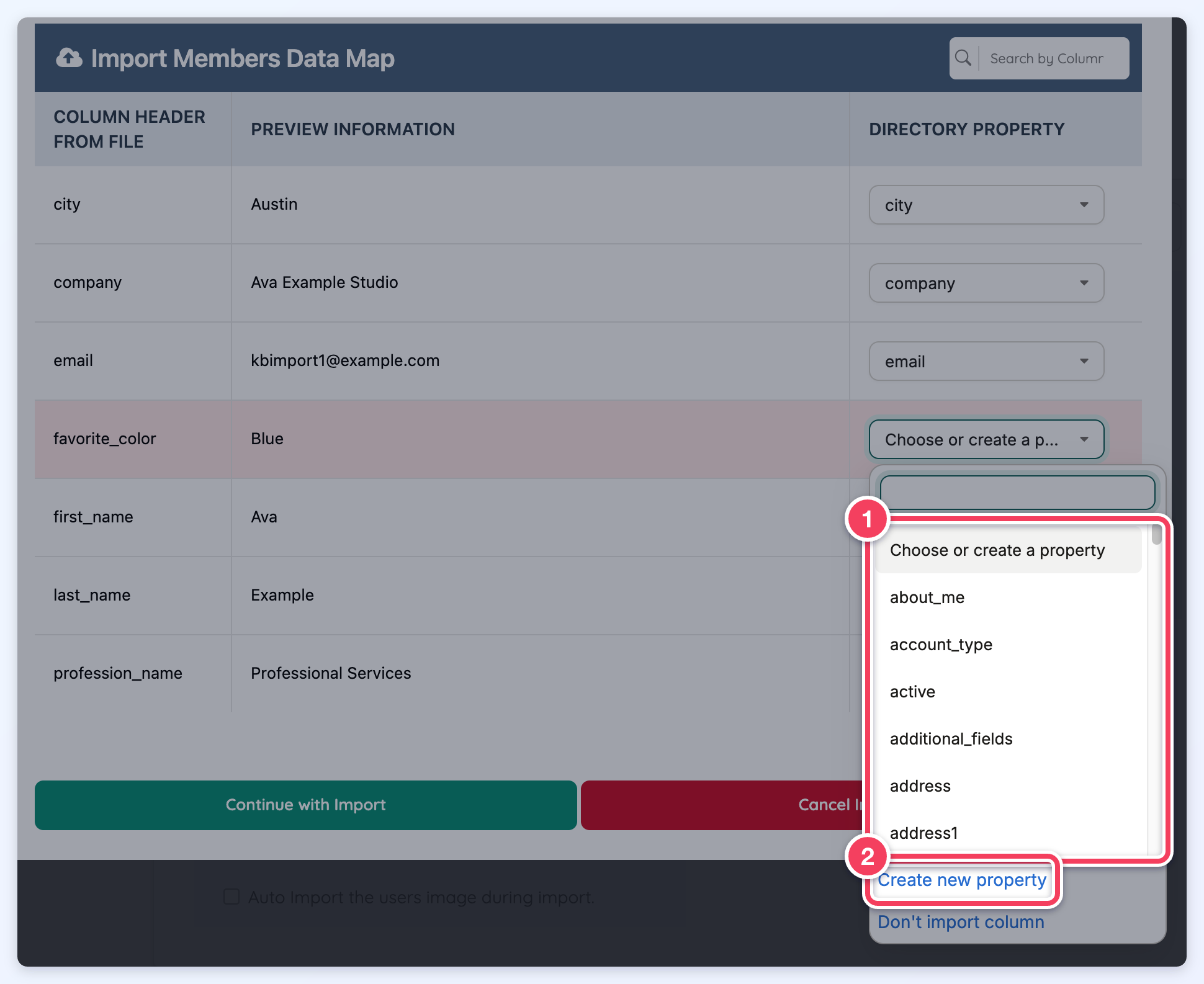 The Directory Property dropdown open in front of the Data Map, listing existing properties (1) with the Create new property link (2) below them.