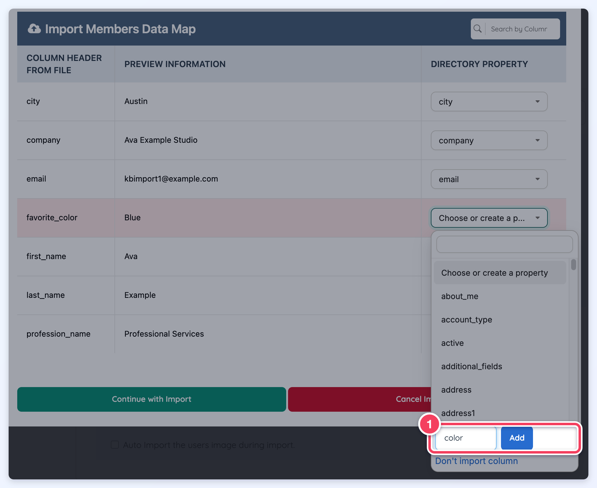The new property name field with color typed in and the Add button (1) at the bottom of the dropdown.