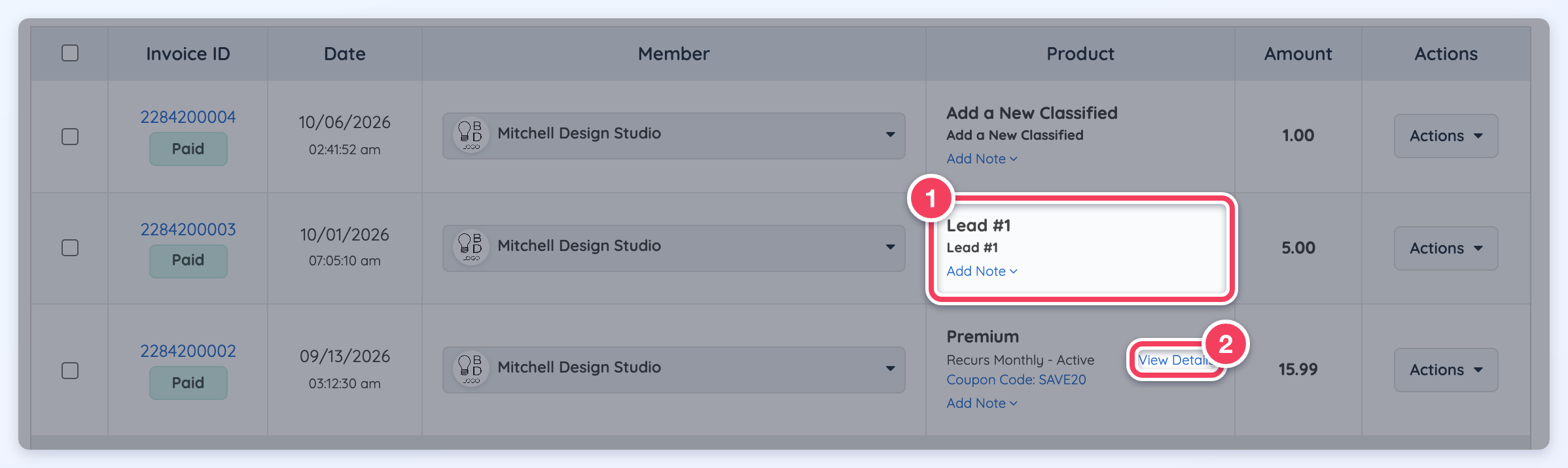 Payments Received rows where a lead purchase shows Lead #1 with no View Details link (1), while a subscription payment shows View Details (2).