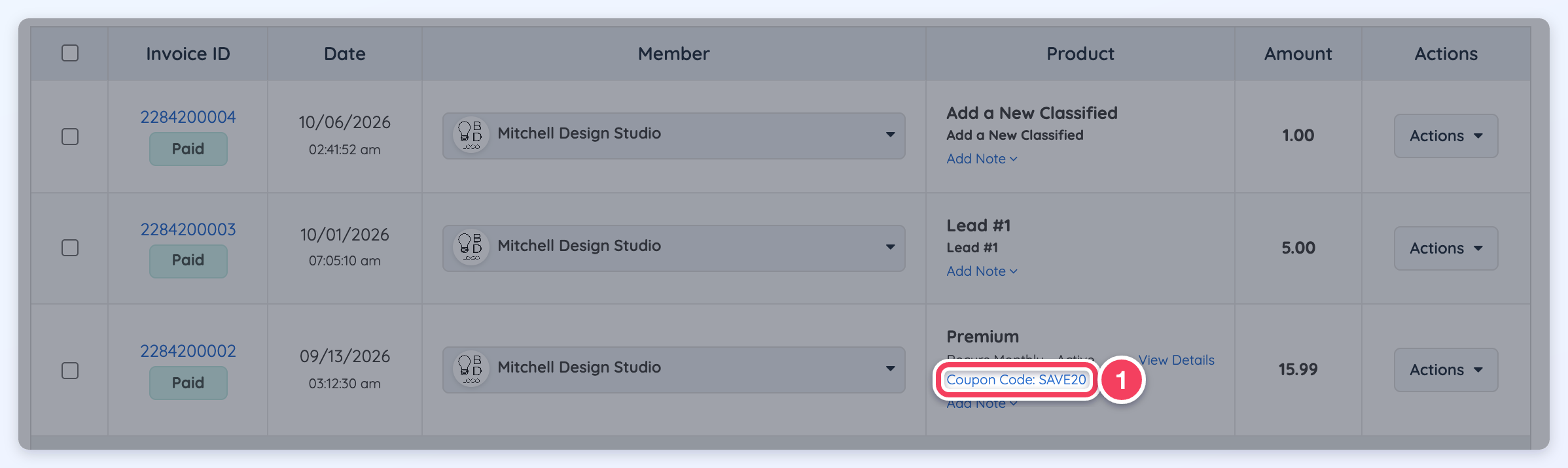 A subscription payment on Payments Received with the clickable Coupon Code: SAVE20 link (1) under the plan name.
