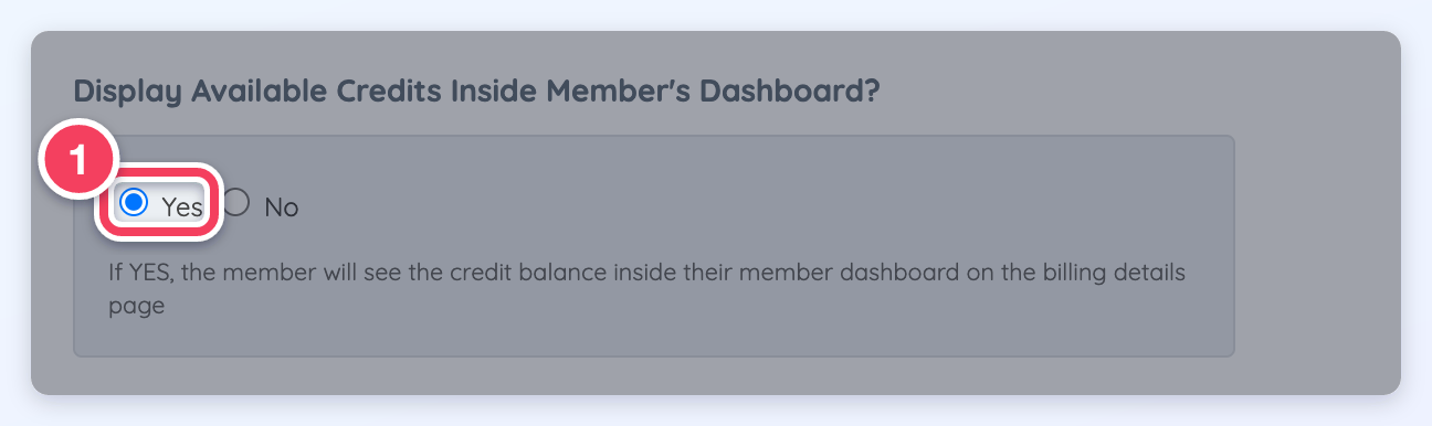 The plan setting Display Available Credits Inside Member's Dashboard? with Yes selected (1).
