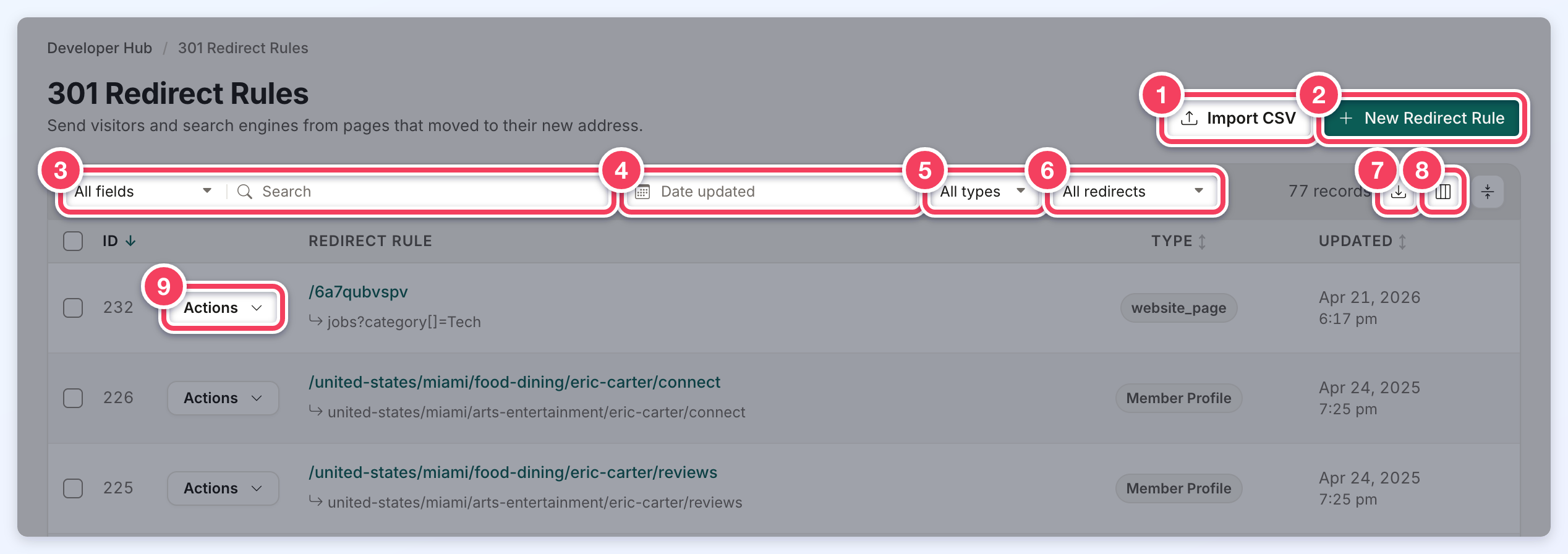 301 Redirect Rules page with Import CSV (1), New Redirect Rule (2), search and filters (3 to 6), export (7), columns (8) and a row's Actions menu (9).