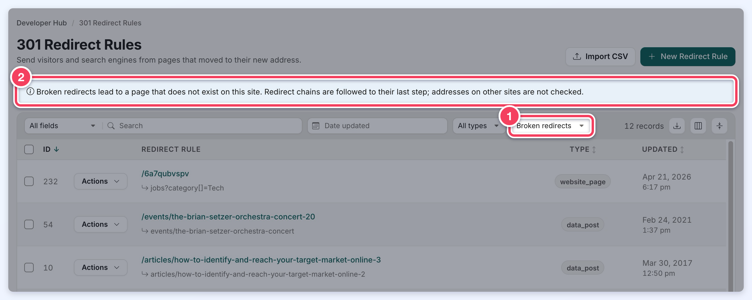 Redirect list filtered to Broken redirects (1) with a note explaining that broken redirects lead to a missing page (2).