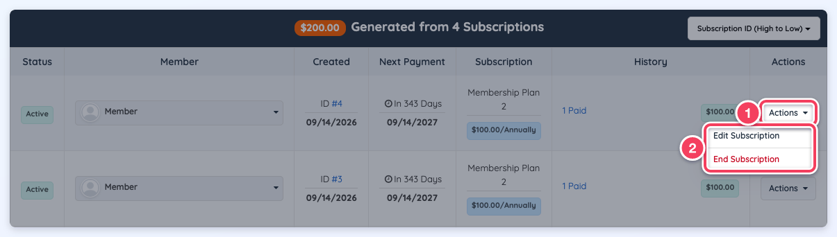 Search Subscriptions Actions menu with Edit Subscription and End Subscription