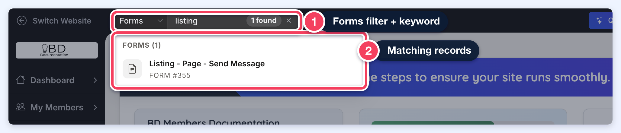 Forms filter with the keyword listing and one matching form